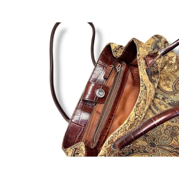 Vintage Fossil Floral Tapestry Carpet Handbag Purse Leather Satchel Boho - Picture 10 of 10